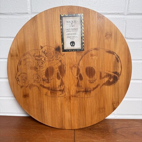 Ciroa WICKED SKULLS Bamboo Lazy Susann 16" Rotating Platter Halloween NEW - Picture 1 of 7